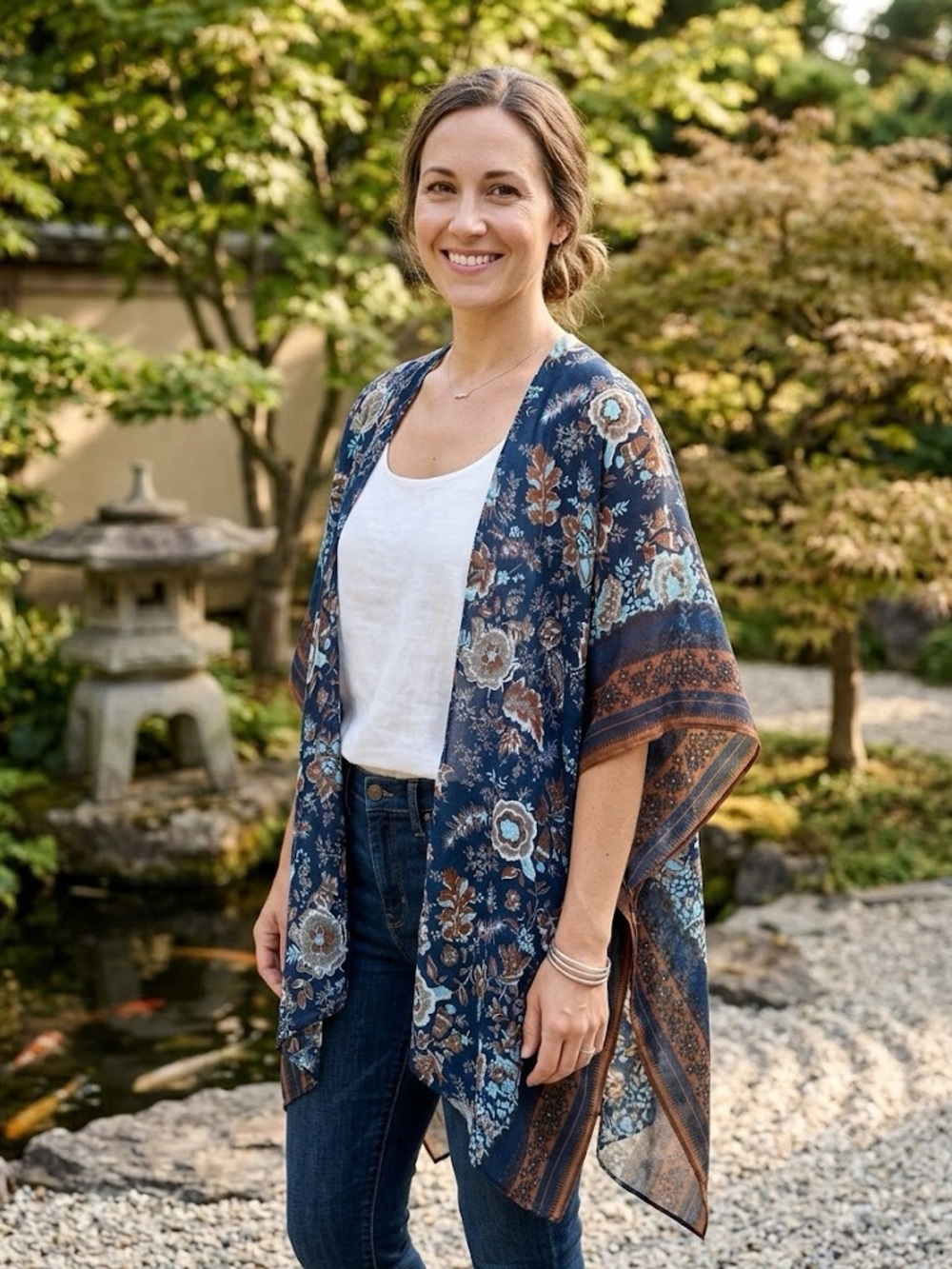 Floral Boho Kimono in Navy, Brown & Teal